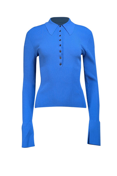 A.L.C. - Blue Ribbed Knit Collar Neckline Quarter Button Front Top Sz M - Current Boutique