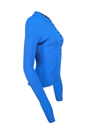 A.L.C. - Blue Ribbed Knit Collar Neckline Quarter Button Front Top Sz M - Current Boutique
