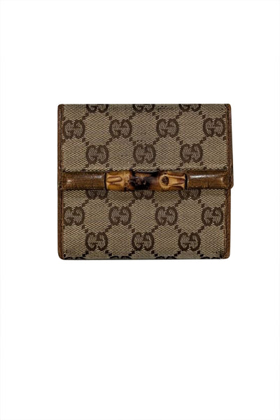 Gucci - Tan & Beige Monogrammed Tri-fold Vintage Wallet w/ Bamboo Detailing Gucci - Tan & Beige Monogrammed Tri-fold Vintage Wallet w  main image 2