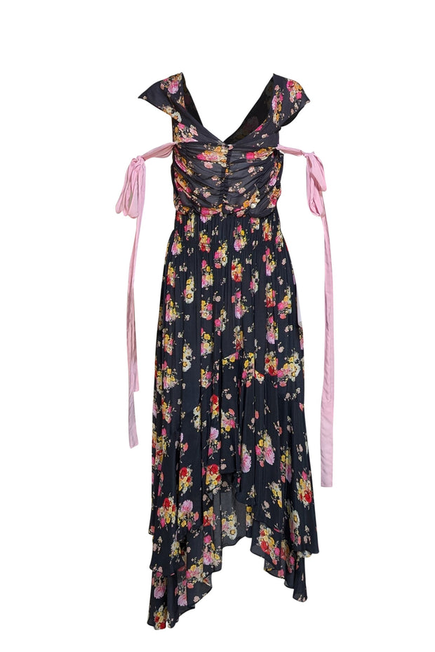 Preen Line - Navy & Multi Color Floral Ruched Maxi Dress Sz L - Current Boutique