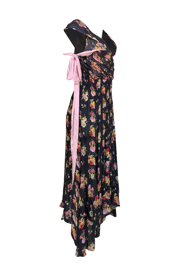 Preen Line - Navy & Multi Color Floral Ruched Maxi Dress Sz L - Current Boutique