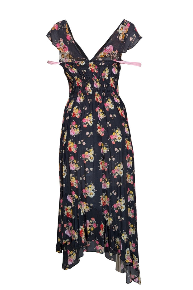 Preen Line - Navy & Multi Color Floral Ruched Maxi Dress Sz L - Current Boutique