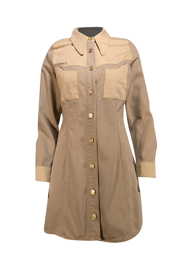 Ganni - Brown Color Block Denim Mini "Ola" Dress Sz 8 - Current Boutique