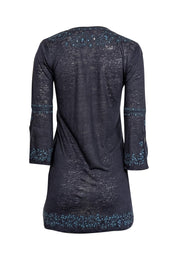 Current Boutique-Calypso - Navy Linen Tunic w/ Teal Embroidery & Sequins Sz XS