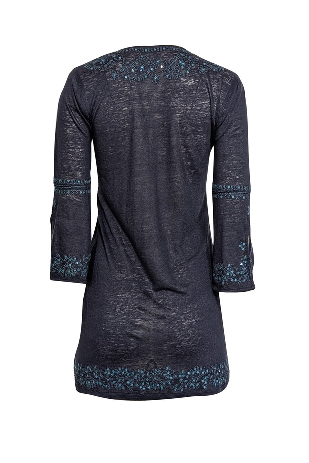 Current Boutique-Calypso - Navy Linen Tunic w/ Teal Embroidery & Sequins Sz XS