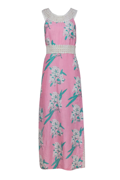 Current Boutique-Calypso - Pink & Green Floral Maxi Dress w/ Eyelet Neckline Sz S