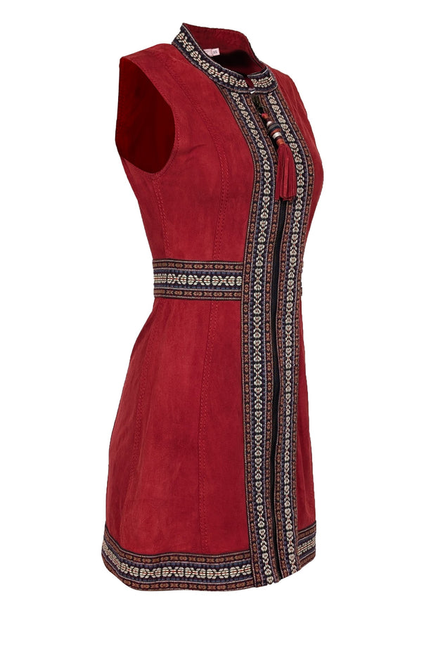 Current Boutique-Calypso - Rust Red Suede Sleeveless Dress w/ Embroidered Trim Detail Sz XS