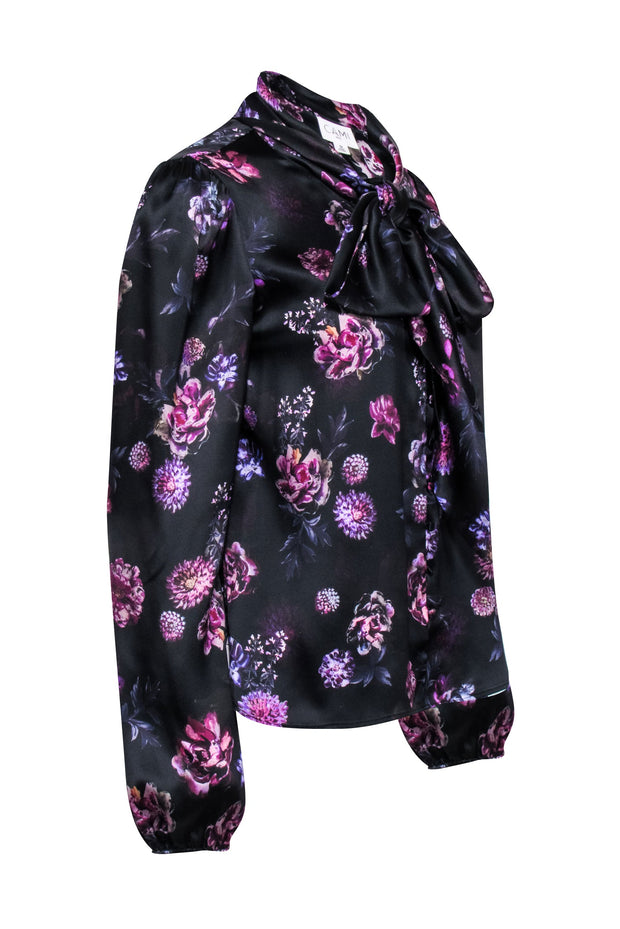 Current Boutique-Cami NYC - Black & Purple Floral Print Silk Blouse w/ Neck Tie Sz M