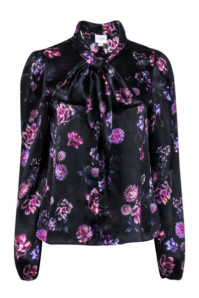 Current Boutique-Cami NYC - Black & Purple Floral Print Silk Blouse w/ Neck Tie Sz M