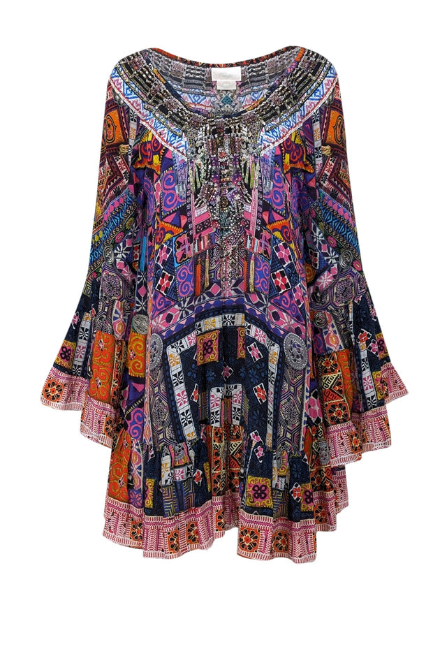 Current Boutique-Camilla - Black & Multi Color Print Beaded Trim Tunic Dress Sz L