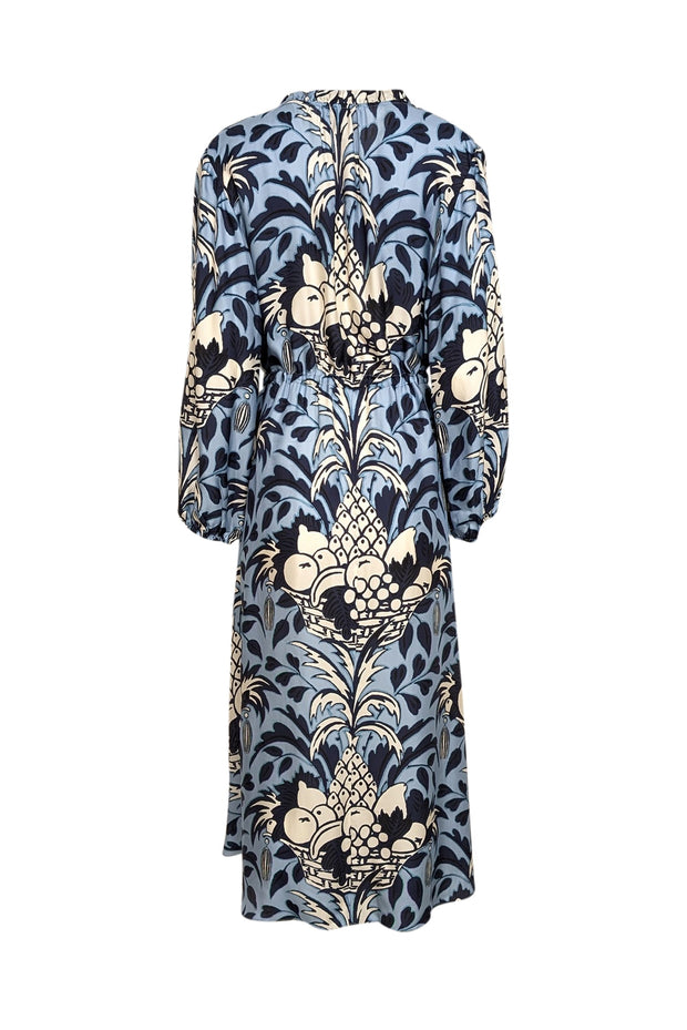 Current Boutique-Cara Cara - Blue, Navy, & White Fruit Print Silk-Viscose Blend Maxi Dress Sz XL