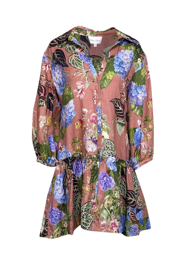 Current Boutique-Cara Cara - Caramel Brown w/ Multicolor Floral Print Linen Mini Dress Sz XL