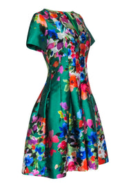 Current Boutique-Carlisle - Green & Multi Color Floral Print Short Sleeve Dress Sz 2