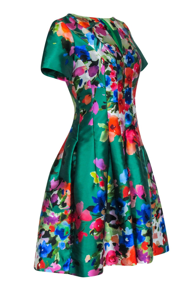 Current Boutique-Carlisle - Green & Multi Color Floral Print Short Sleeve Dress Sz 2