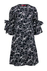 Current Boutique-Carolina Herrera - Black & White Floral Print Bell Sleeve Shift Dress Sz S