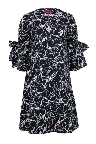 Current Boutique-Carolina Herrera - Black & White Floral Print Bell Sleeve Shift Dress Sz S