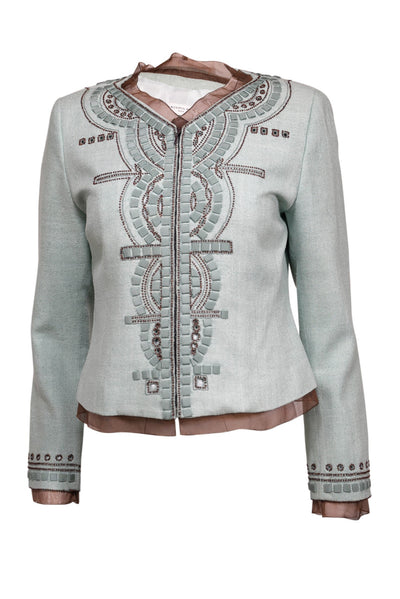Current Boutique-Carolina Herrera - Mint Green w/ Brown Embroidery & Beading Sz 6