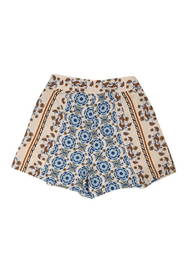 Current Boutique-Carolina K - Cream, Blue, Yellow, & Rust Floral Print Pleated Shorts Sz M