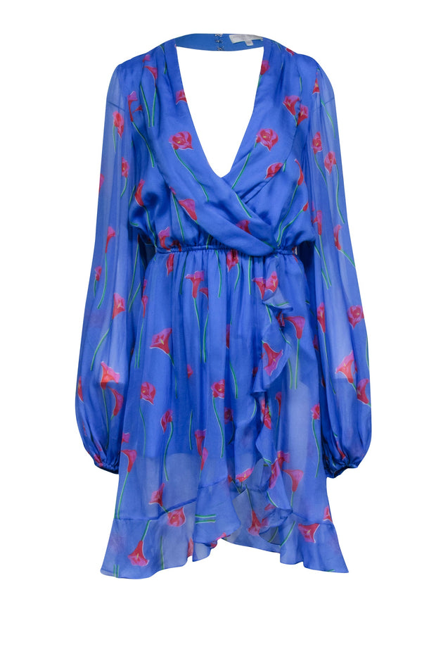 Current Boutique-Caroline Constas - Blue w/ Pink Floral Print Silk Ruffled "Olivia" Dress Sz M