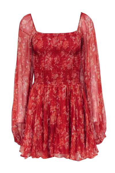 Current Boutique-Caroline Constas - Rust Red Floral Print Silk Chiffon Mini Dress Sz S