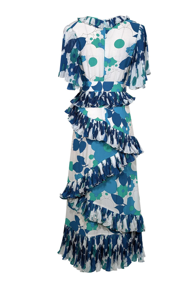 Current Boutique-Celia B - White, Blue, & Green Floral Print Pleated Ruffle Maxi Dress Sz M