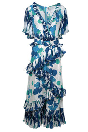 Current Boutique-Celia B - White, Blue, & Green Floral Print Pleated Ruffle Maxi Dress Sz M