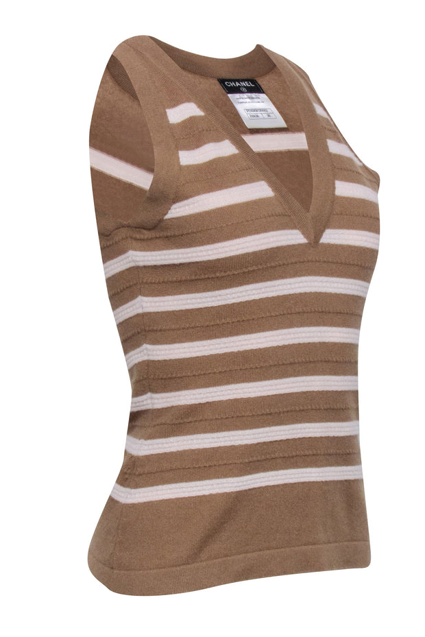 Current Boutique-Chanel - Beige Cashmere Knitted Top w/ Cream Stripes Sz 36