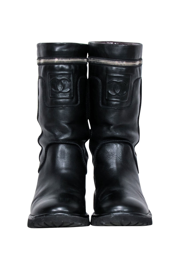 Current Boutique-Chanel - Black Leather Mid Calf Boots Sz 7