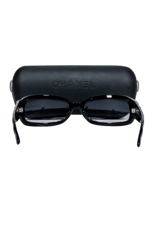 Current Boutique-Chanel - Black Slim Sunglasses w/ Textured Side Detail
