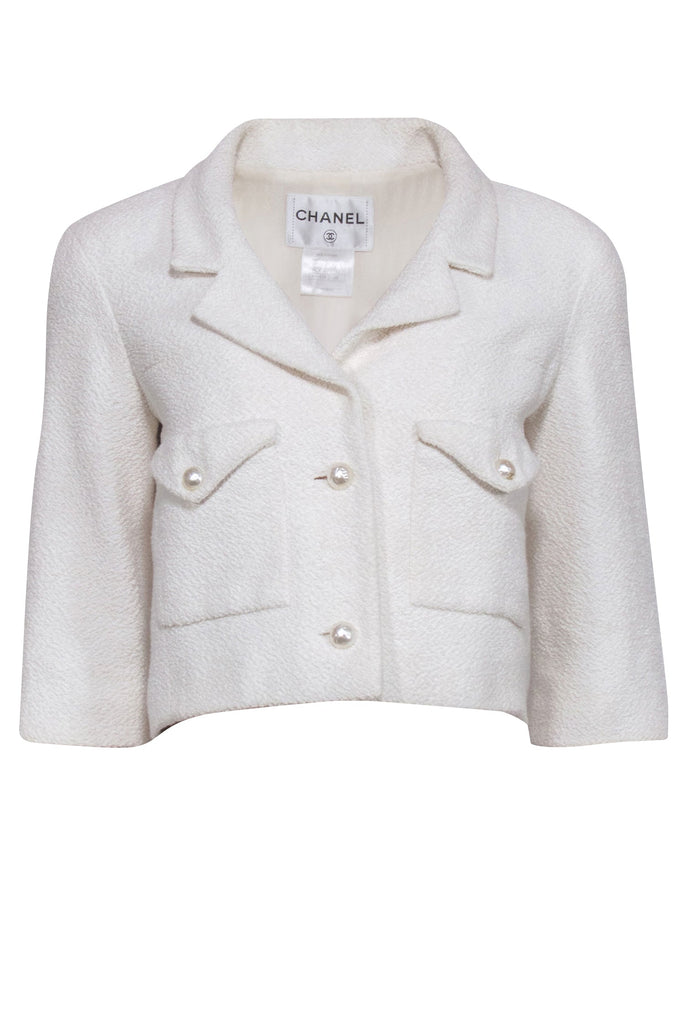 Chanel - Cream Boucle Tweed Blazer w/ Faux Pearl Accent Sz 36 – Current  Boutique