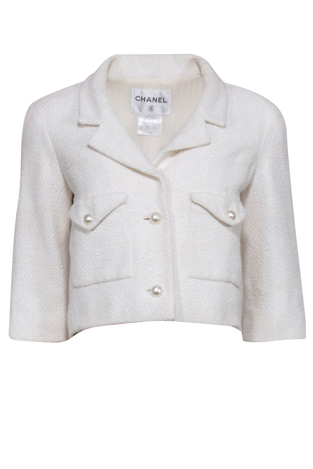 Chanel - Cream Boucle Tweed Blazer w/ Faux Pearl Accent Sz 36