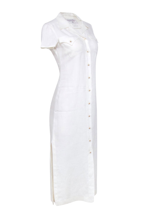 Current Boutique-Chanel - Ivory Linen Button Front Maxi Dress Sz 4