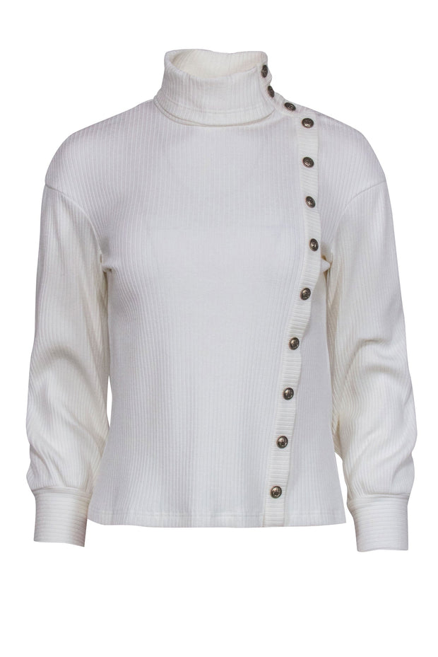 Chanel Ivory Ribbed Knit Long Sleeve Side Button Top Sz 4