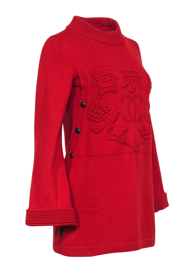 Current Boutique-Chanel - Red Cashmere Paris Shanghai Collection Sweater Sz 2