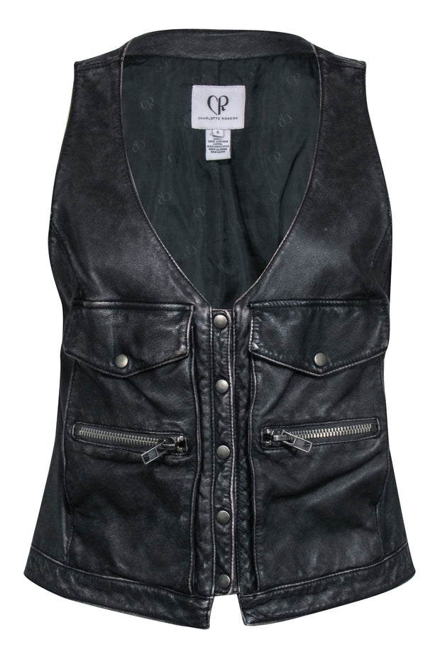 Current Boutique-Charlotte Ronson - Faded Black Leather Button-Up Utility-Style Vest Sz 6
