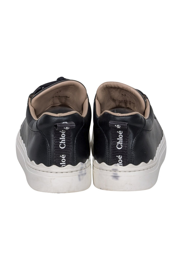 Current Boutique-Chloe - Black Leather Sneakers w/ Scallop Trim Sz 7