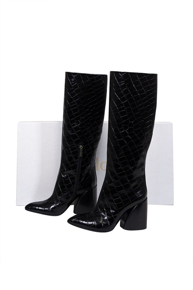 Current Boutique-Chloe - Black Patent Croc Embossed Leather Tall Boots Sz 7.5