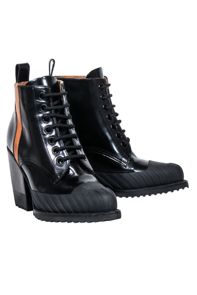 Current Boutique-Chloe - Black & Tan Patent Leather Lace Up Short Boots Sz 8