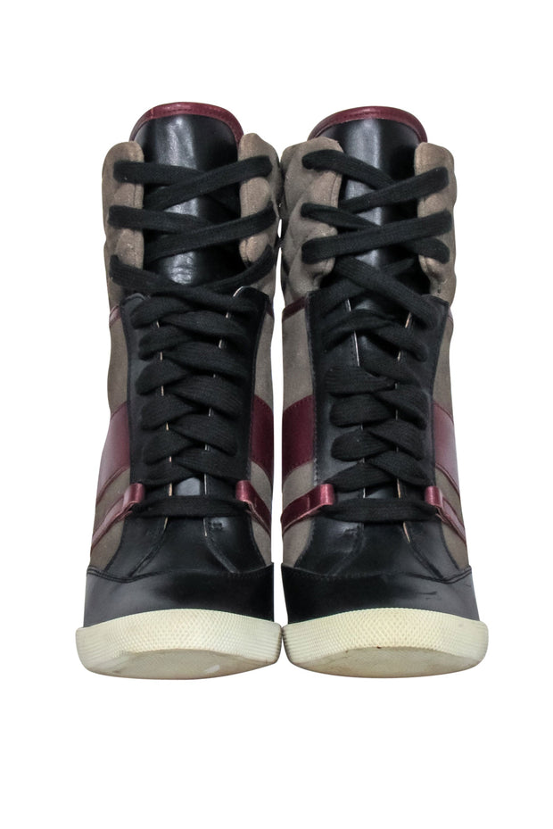 Current Boutique-Chloe - Green, Maroon & Black Leather & Quilted Suede Wedge Sneaker Size 8.5