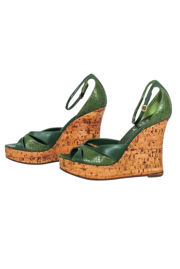 Current Boutique-Christian Dior - Green Leather Cork Wedges Sz 8.5