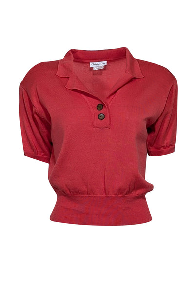 Current Boutique-Christian Dior - Red Knit Short Sleeve Cropped Polo Top Sz S