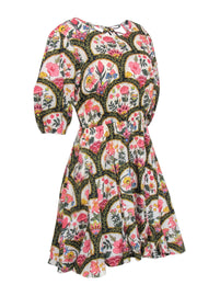 Current Boutique-Christian LaCroix - Black w/ Cream & Pink Print Crop Sleeve Dress Sz L
