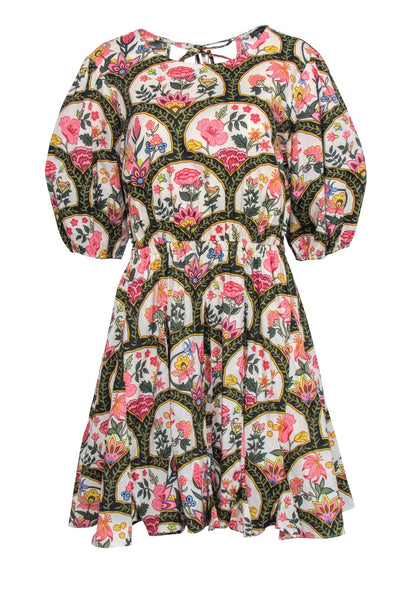 Current Boutique-Christian LaCroix - Black w/ Cream & Pink Print Crop Sleeve Dress Sz L