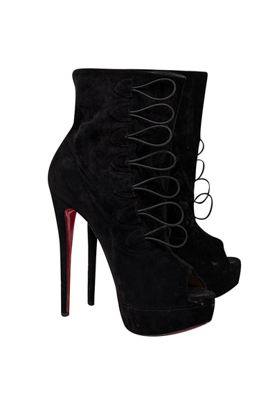 Current Boutique-Christian Louboutin - Black Suede Platform Peep Toe Boots Sz 10