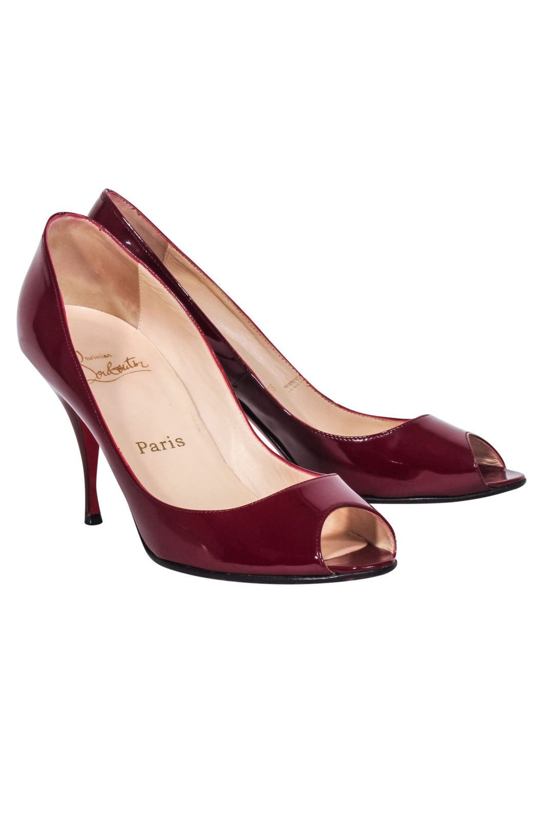 Christian Louboutin Burgundy Patent Leather Peep Toe Pumps Sz 8 Current Boutique