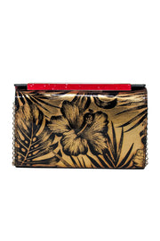 Current Boutique-Christian Louboutin - Gold & Black Print Clutch w/ Red Jewel Detail