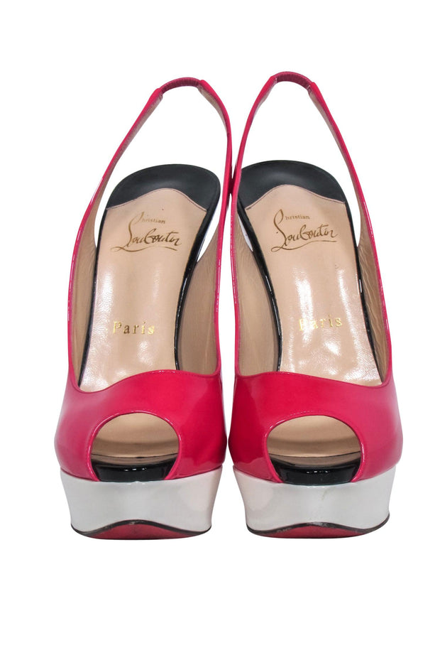 Current Boutique-Christian Louboutin - Patent Leather Pink Color Block Peep Toe Pumps Sz 8.5