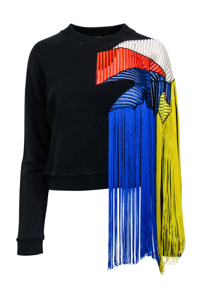 Current Boutique-Christopher Kane - Black Crewneck Sweater w/ Shoulder & Fringe Detail Sz S
