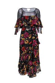 Current Boutique-Cinq a Sept - Black & Multi Color Floral Print Ruffled Detail Formal Dress Sz 8
