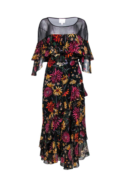 Current Boutique-Cinq a Sept - Black & Multi Color Floral Print Ruffled Detail Formal Dress Sz 8